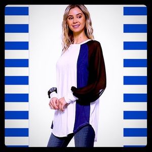 Vertical Blue Black Stripe Top Sheer Sleeves